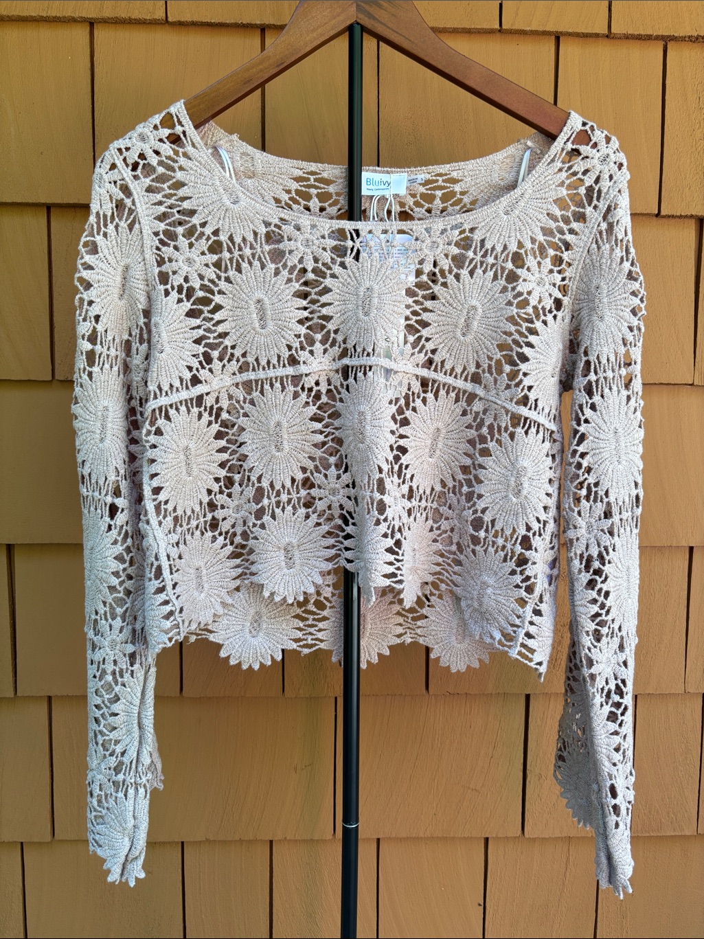 Bluivy | Taupe Airy Floral Crochet Boho Cottagecore Open Knit Crop Top | Size S